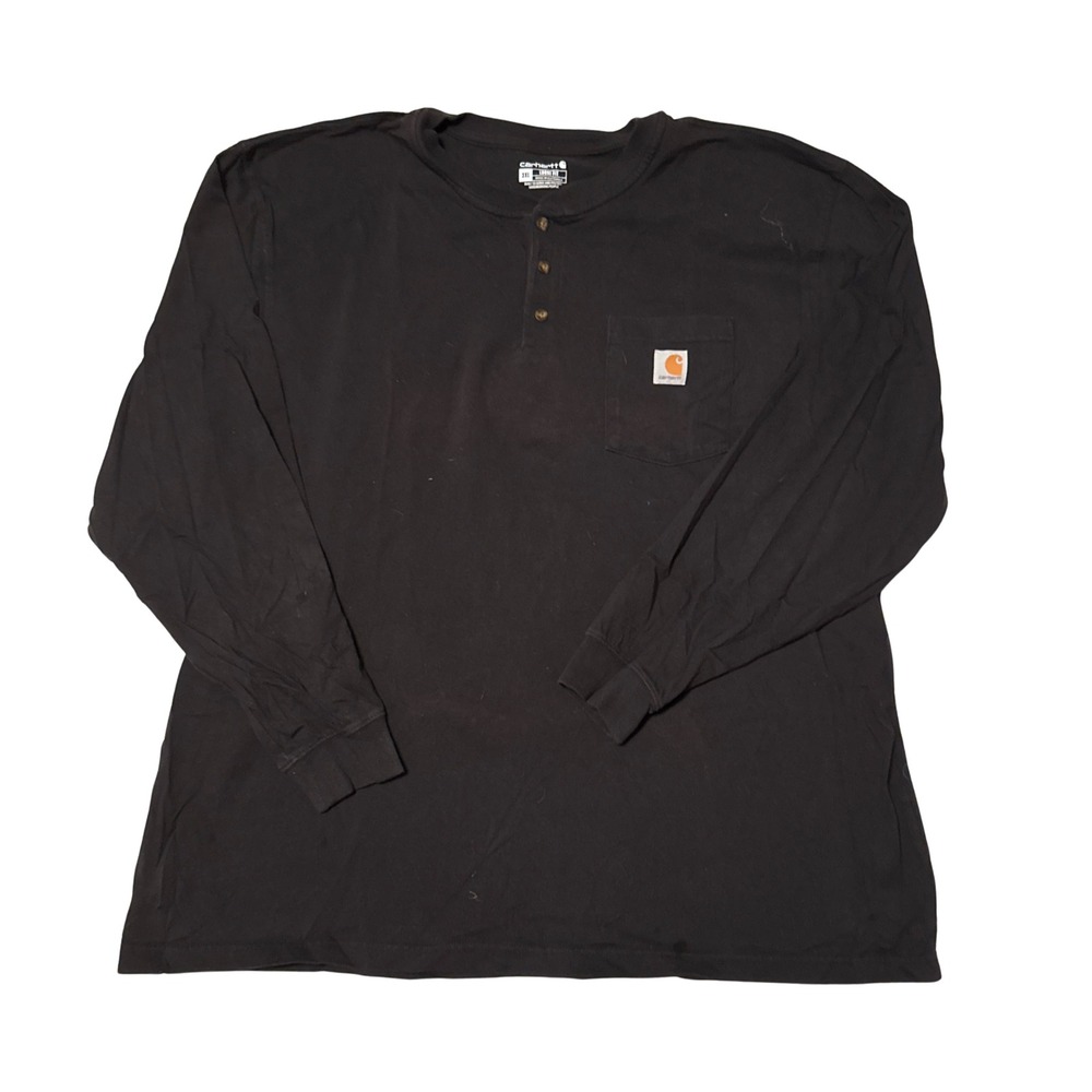 Carhartt Mens 3XL Loose Fit Henley Long Sleeve Pocket T-Shirt Black Solid Cotton